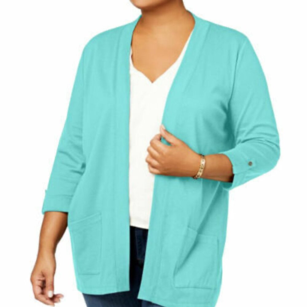 Turquoise Open Front Cardigan Duster with Adjustable‎ Sleeves 3/4